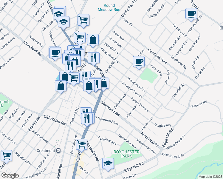 map of restaurants, bars, coffee shops, grocery stores, and more near 123 Quigley Avenue in Willow Grove