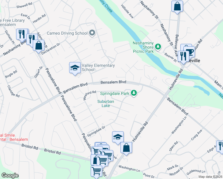 map of restaurants, bars, coffee shops, grocery stores, and more near 2960 Wexford Road in Bensalem
