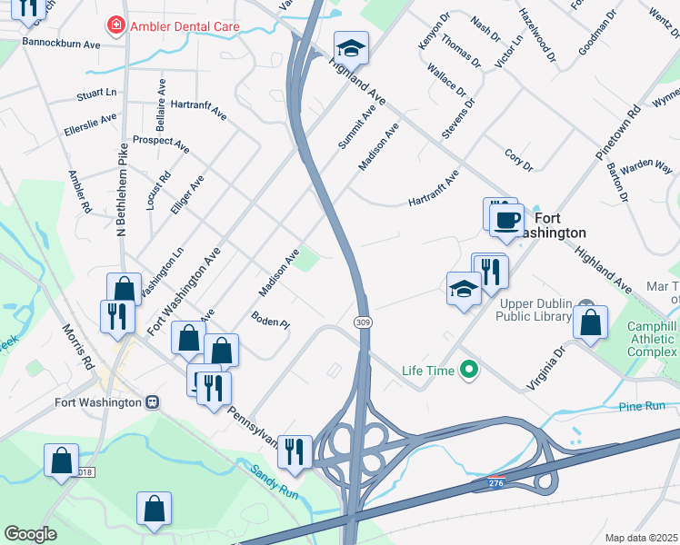 map of restaurants, bars, coffee shops, grocery stores, and more near 1206 Prospect Avenue in Fort Washington