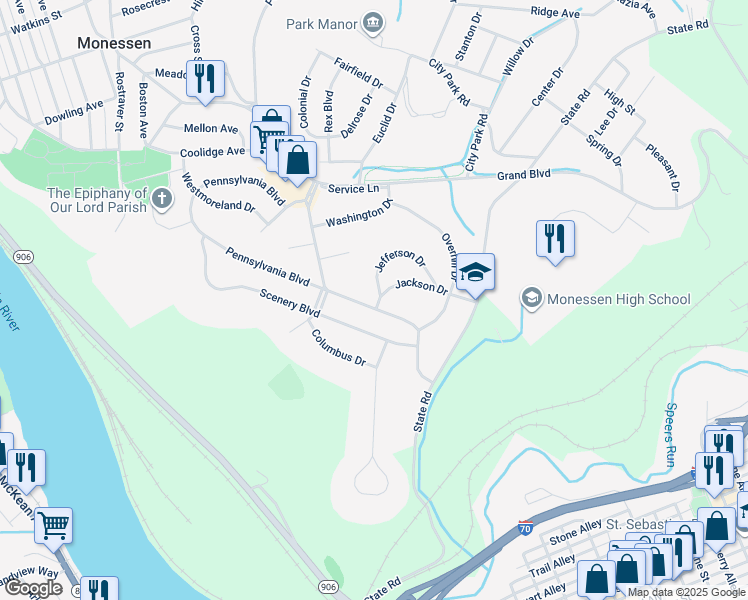 map of restaurants, bars, coffee shops, grocery stores, and more near 121 Pennsylvania Boulevard in Monessen
