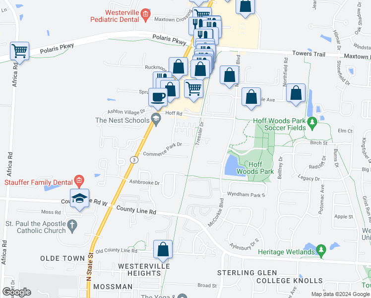 map of restaurants, bars, coffee shops, grocery stores, and more near 155 Commerce Park Drive in Westerville