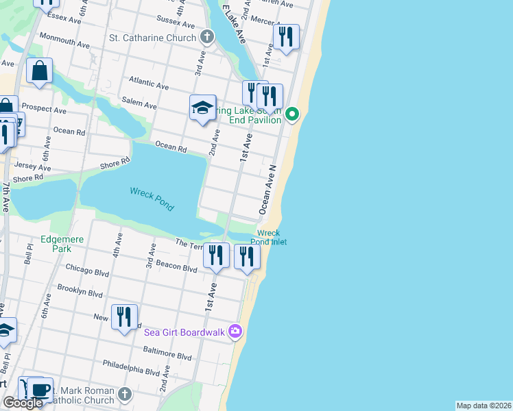 map of restaurants, bars, coffee shops, grocery stores, and more near 9 Ocean Avenue North in Spring Lake