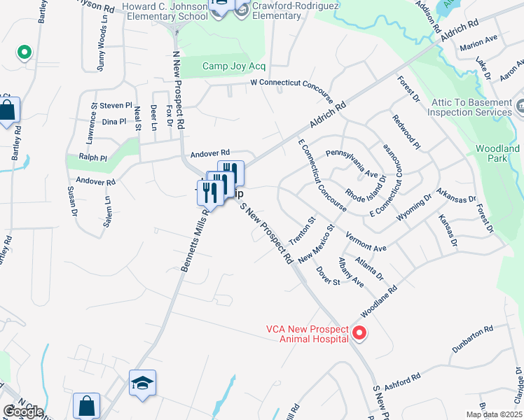 map of restaurants, bars, coffee shops, grocery stores, and more near 33 South New Prospect Road in Jackson Township