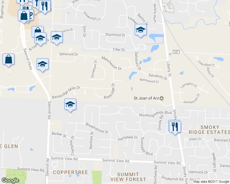 map of restaurants, bars, coffee shops, grocery stores, and more near 10625 Brettridge Drive in Powell