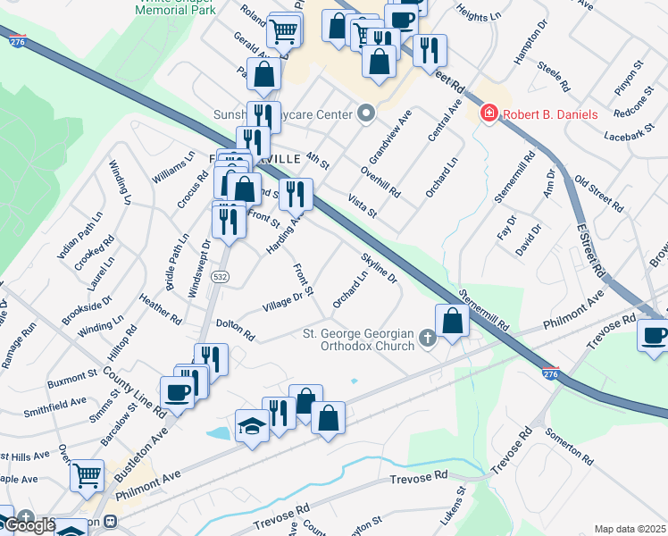 map of restaurants, bars, coffee shops, grocery stores, and more near 115 Village Drive in Feasterville-Trevose