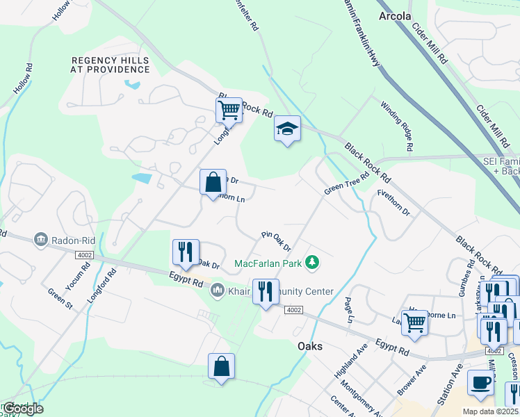 map of restaurants, bars, coffee shops, grocery stores, and more near 19 Buckthorn Lane in Collegeville