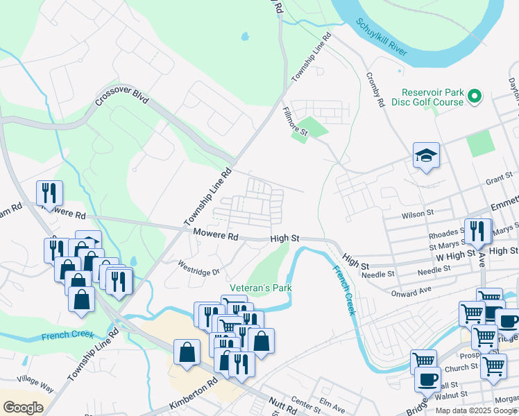 map of restaurants, bars, coffee shops, grocery stores, and more near 1704 Northridge Court in Phoenixville