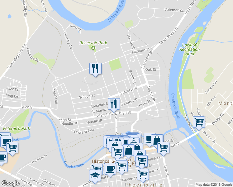 map of restaurants, bars, coffee shops, grocery stores, and more near 335 Emmett Street in Phoenixville