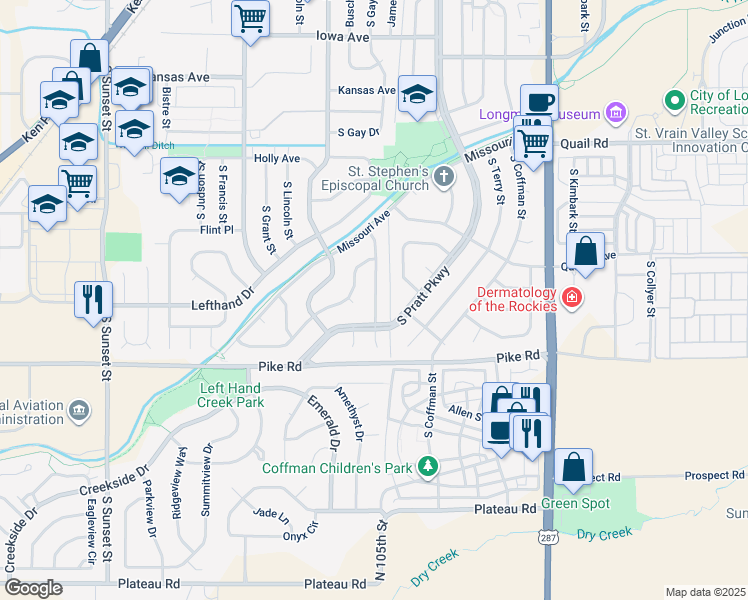 map of restaurants, bars, coffee shops, grocery stores, and more near 1512 Ashcroft Drive in Longmont