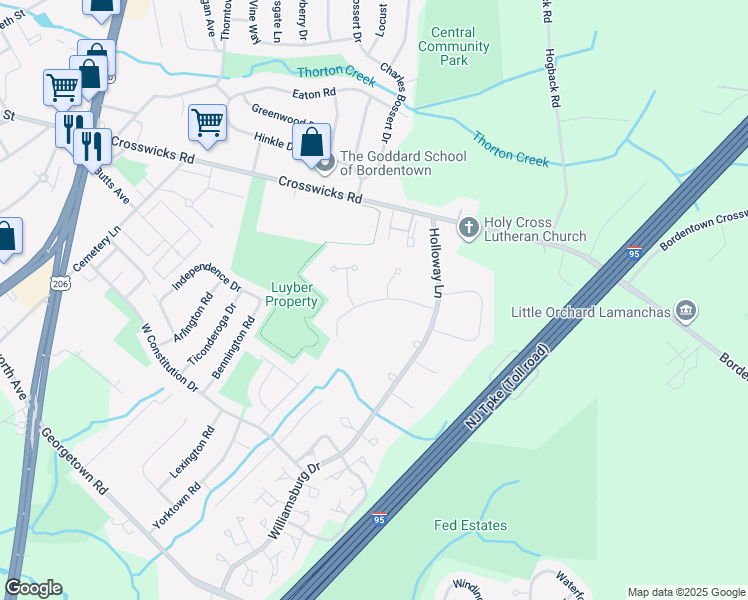 map of restaurants, bars, coffee shops, grocery stores, and more near 34 Valley Forge Road in Bordentown