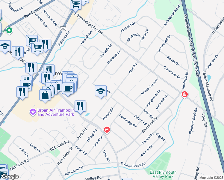 map of restaurants, bars, coffee shops, grocery stores, and more near 81 Heather Lane in Norristown