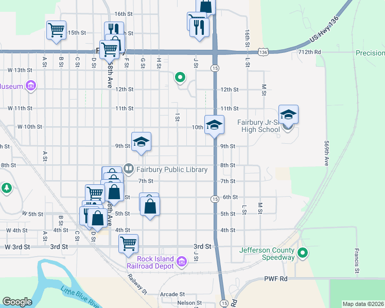 map of restaurants, bars, coffee shops, grocery stores, and more near 819 J Street in Fairbury