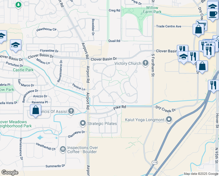 map of restaurants, bars, coffee shops, grocery stores, and more near 1424 Wildrose Drive in Longmont