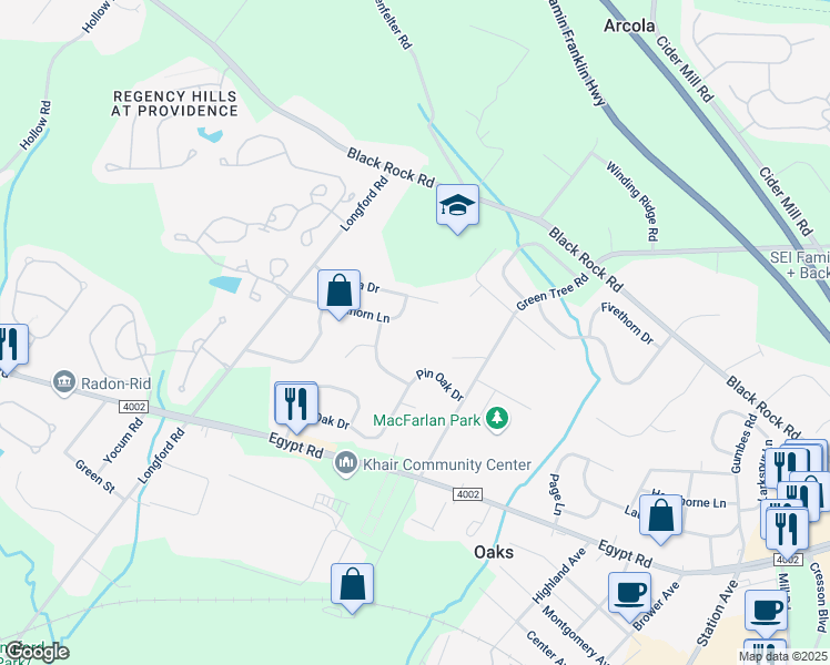 map of restaurants, bars, coffee shops, grocery stores, and more near 19 Buckthorn Lane in Collegeville