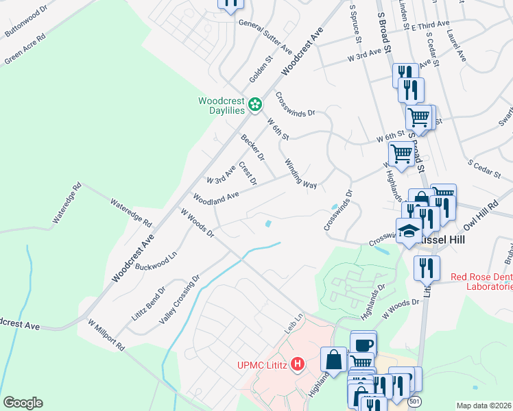 map of restaurants, bars, coffee shops, grocery stores, and more near 25 Woodland Avenue in Lititz