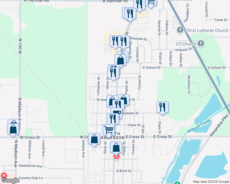 map of restaurants, bars, coffee shops, grocery stores, and more near 2328 Broadway Street in Anderson