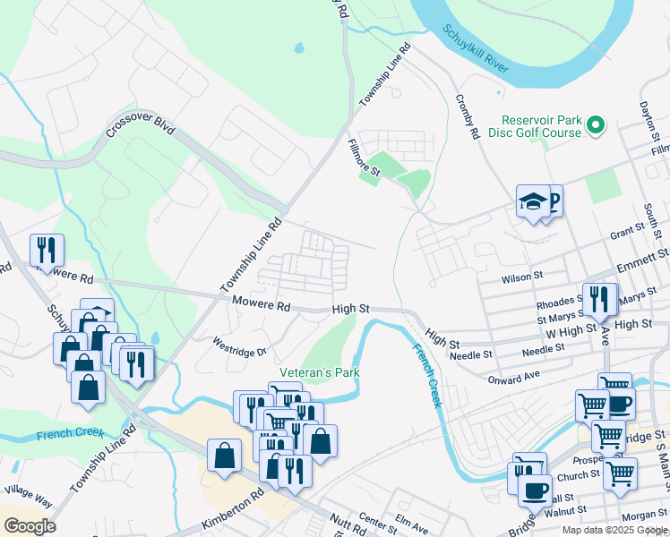 map of restaurants, bars, coffee shops, grocery stores, and more near 1196 Hendrix Lane in Phoenixville