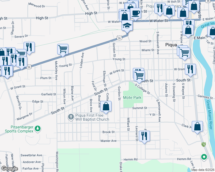 map of restaurants, bars, coffee shops, grocery stores, and more near 756 South Street in Piqua