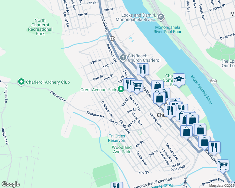 map of restaurants, bars, coffee shops, grocery stores, and more near 827 Crest Avenue in Charleroi