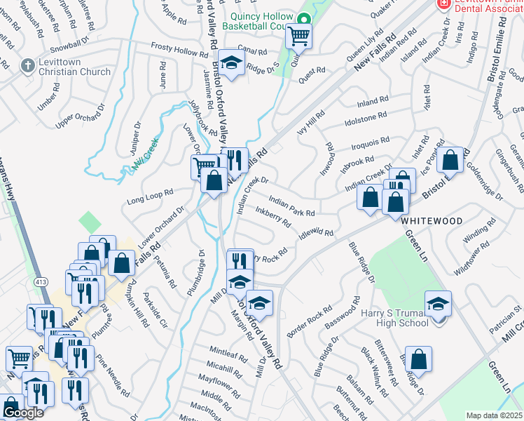 map of restaurants, bars, coffee shops, grocery stores, and more near 31 Inkberry Road in Levittown