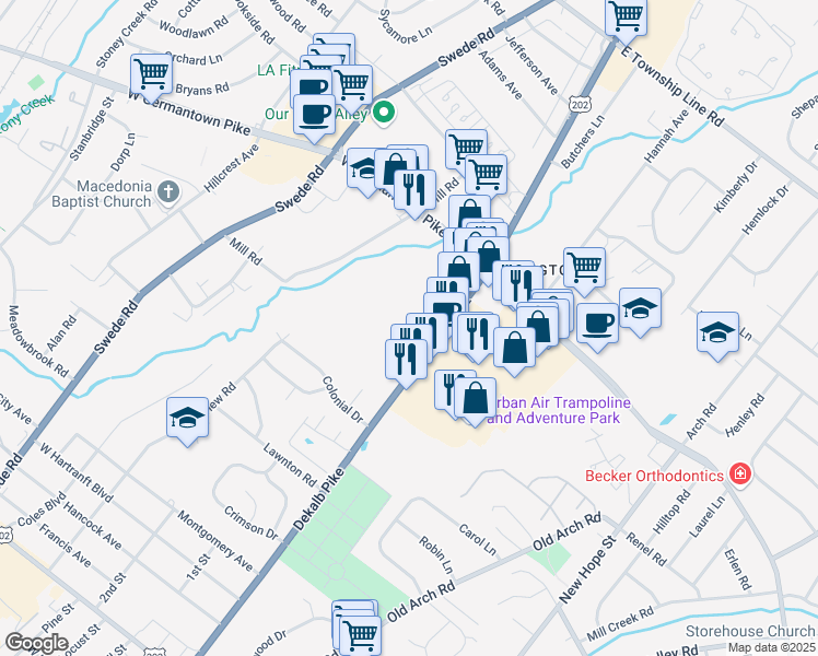 map of restaurants, bars, coffee shops, grocery stores, and more near 2701 Dekalb Pike in Norristown