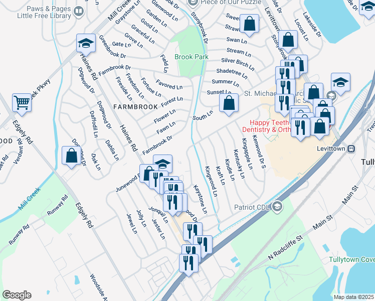map of restaurants, bars, coffee shops, grocery stores, and more near 76 Kenwood Drive North in Levittown