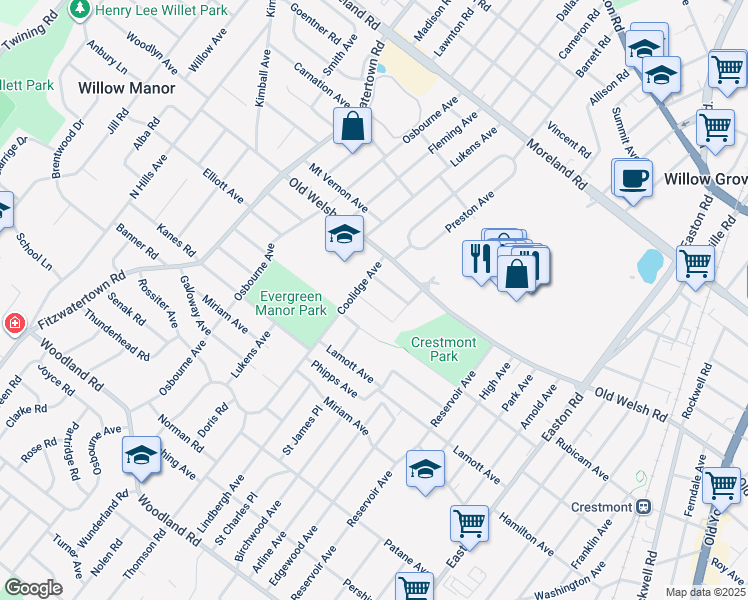 map of restaurants, bars, coffee shops, grocery stores, and more near 2627 Elliott Avenue in Willow Grove