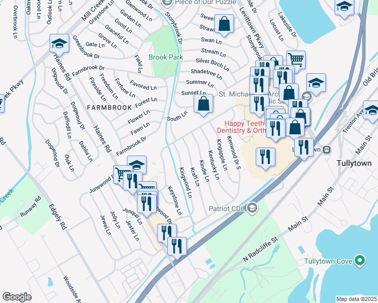 map of restaurants, bars, coffee shops, grocery stores, and more near 79 Kraft Lane in Levittown