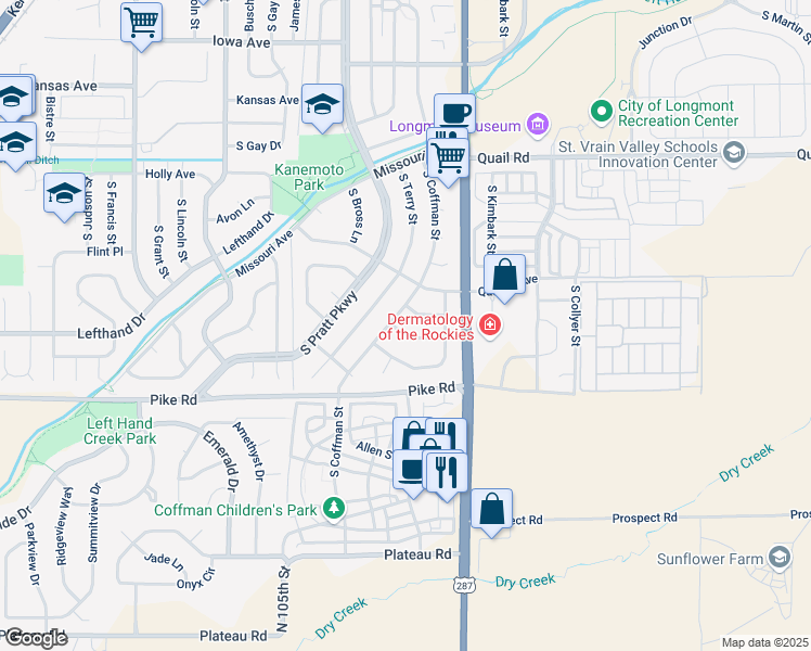 map of restaurants, bars, coffee shops, grocery stores, and more near 14 Texas Lane in Longmont