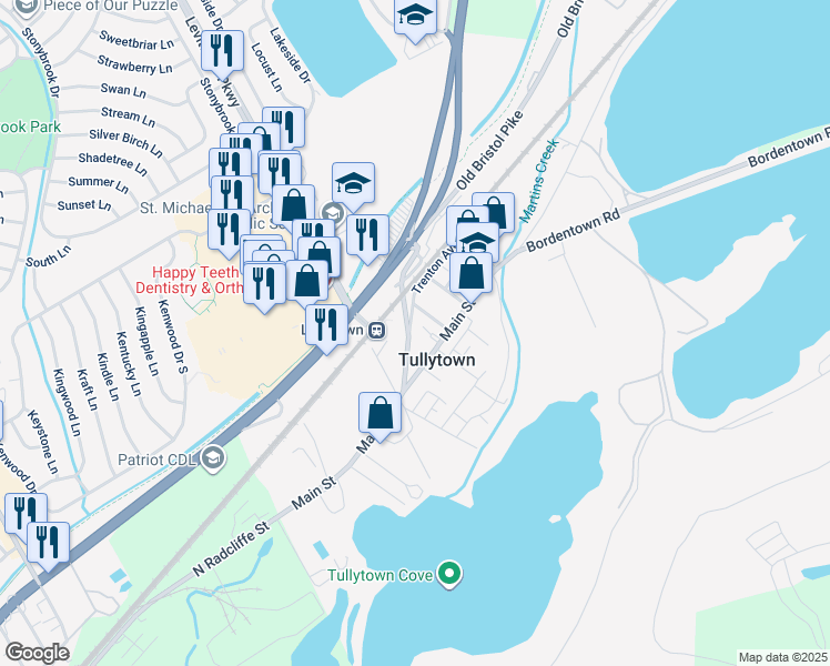 map of restaurants, bars, coffee shops, grocery stores, and more near 92 Fallsington Avenue in Tullytown