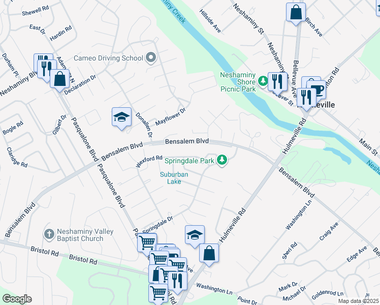 map of restaurants, bars, coffee shops, grocery stores, and more near 2972 Wexford Road in Bensalem