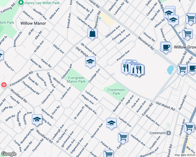 map of restaurants, bars, coffee shops, grocery stores, and more near 2627 Elliott Avenue in Willow Grove