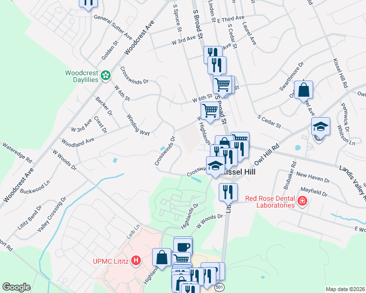 map of restaurants, bars, coffee shops, grocery stores, and more near 61 Heron Road in Lititz