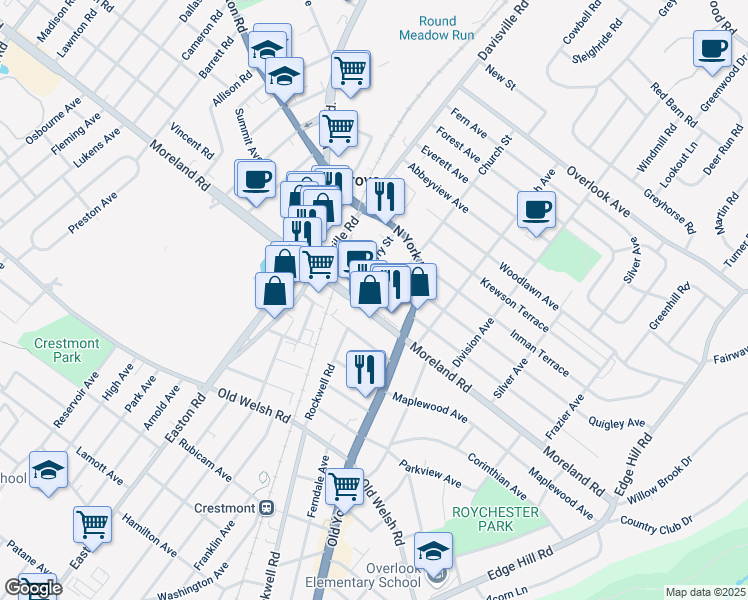 map of restaurants, bars, coffee shops, grocery stores, and more near 10 Church Street in Willow Grove