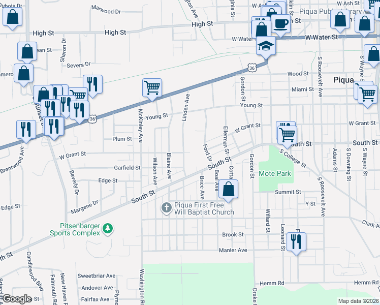 map of restaurants, bars, coffee shops, grocery stores, and more near 1033 W Grant St in Piqua