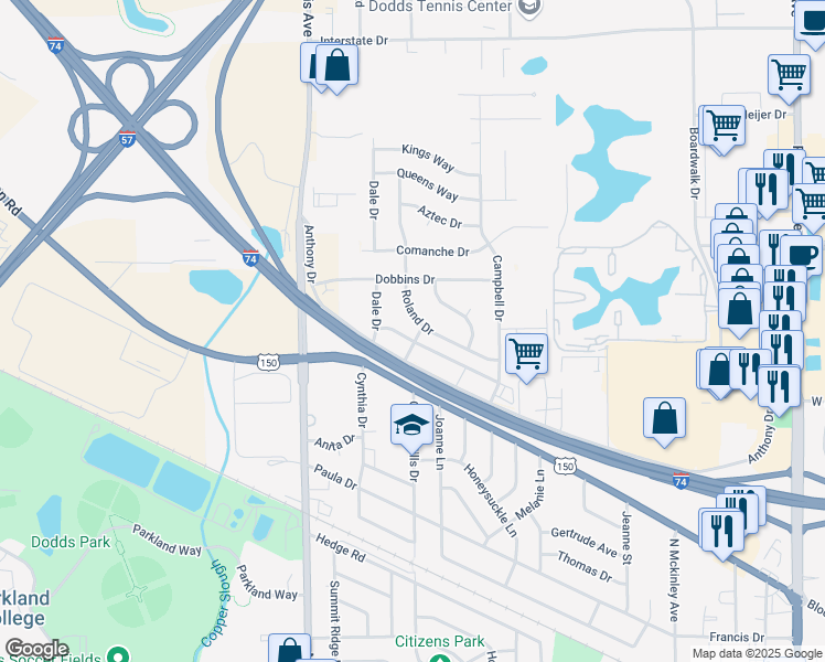 map of restaurants, bars, coffee shops, grocery stores, and more near 2205 Walters Drive in Champaign