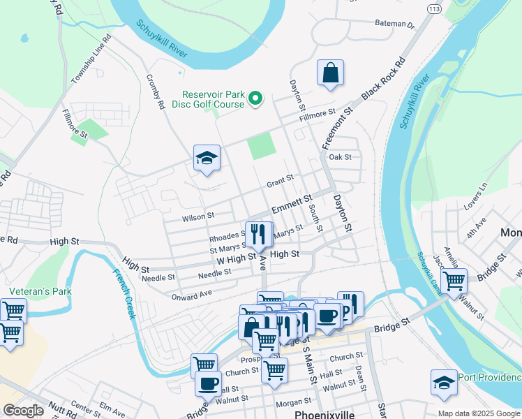 map of restaurants, bars, coffee shops, grocery stores, and more near 341 Emmett Street in Phoenixville