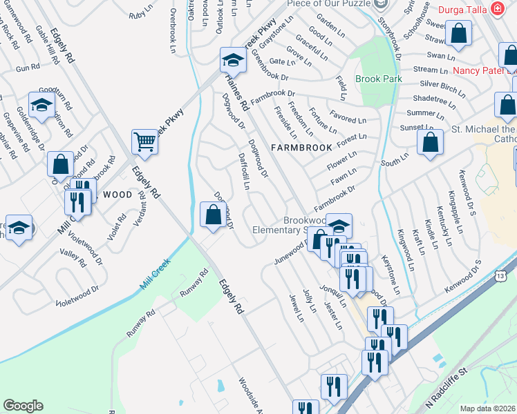 map of restaurants, bars, coffee shops, grocery stores, and more near 18 Daffodil Lane in Levittown