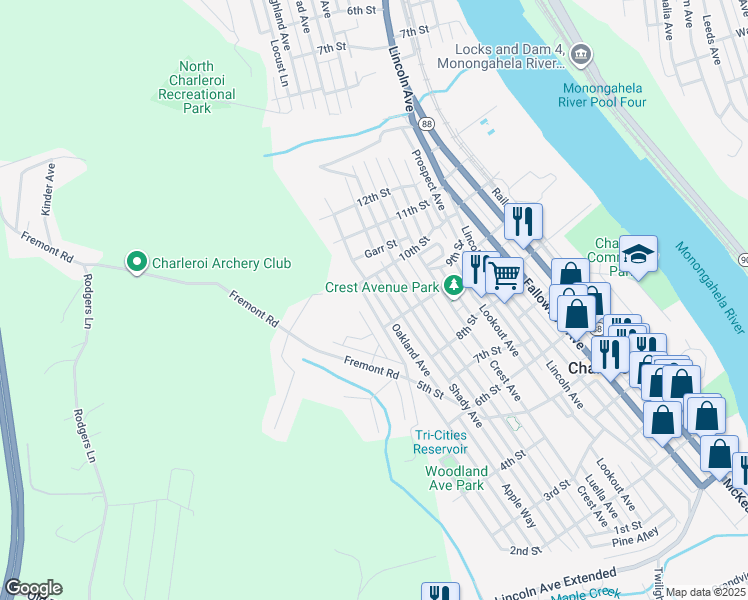 map of restaurants, bars, coffee shops, grocery stores, and more near 925 Oakland Avenue in Charleroi
