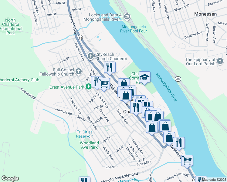 map of restaurants, bars, coffee shops, grocery stores, and more near 713 Fallowfield Avenue in Charleroi