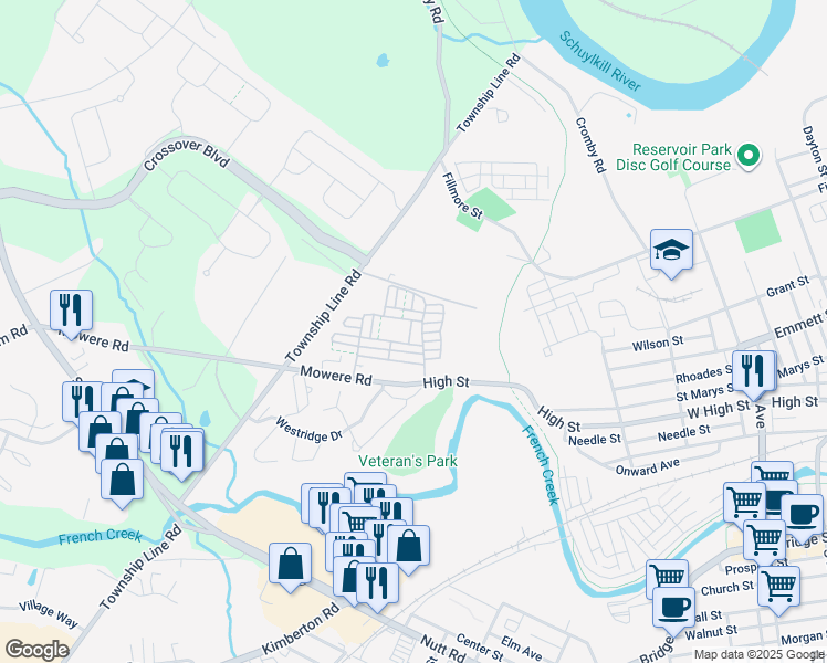 map of restaurants, bars, coffee shops, grocery stores, and more near 1605 Northridge Drive in Phoenixville