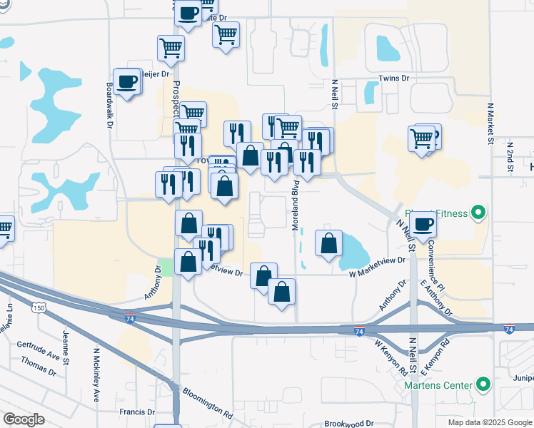 map of restaurants, bars, coffee shops, grocery stores, and more near 2001 Moreland Boulevard in Champaign
