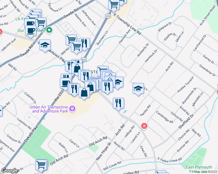 map of restaurants, bars, coffee shops, grocery stores, and more near 55 East Germantown Pike in East Norriton