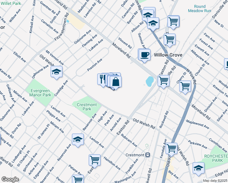 map of restaurants, bars, coffee shops, grocery stores, and more near 2500 West Moreland Road in Willow Grove