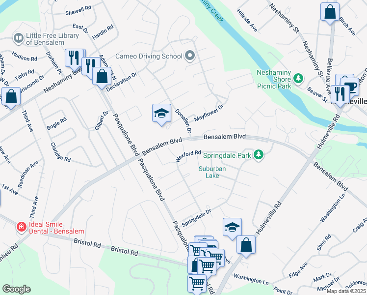 map of restaurants, bars, coffee shops, grocery stores, and more near 2937 Kinsman Court in Bensalem