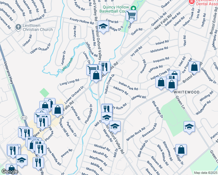 map of restaurants, bars, coffee shops, grocery stores, and more near 56 Indian Creek Drive in Levittown