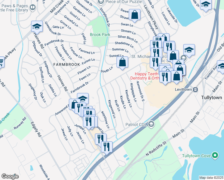 map of restaurants, bars, coffee shops, grocery stores, and more near 79 Kraft Lane in Levittown