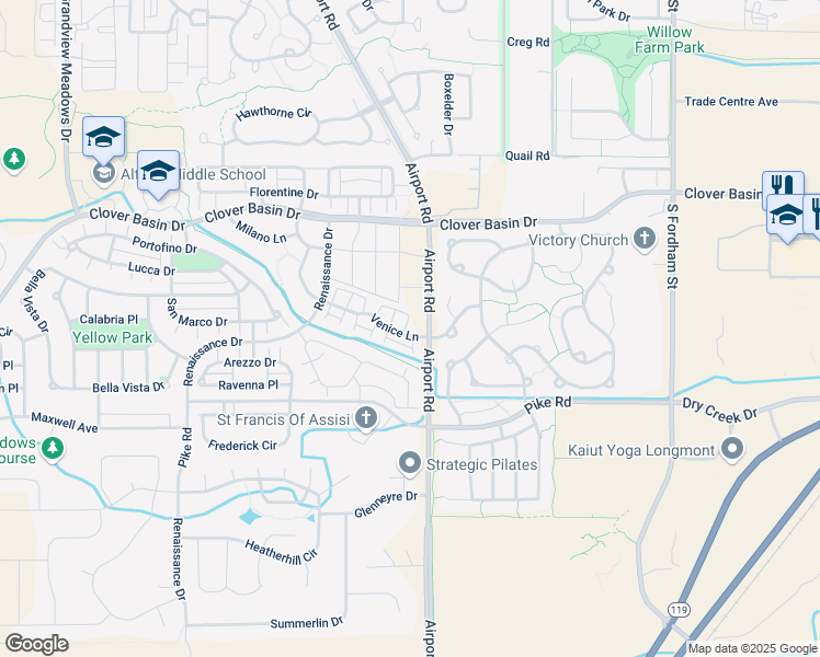 map of restaurants, bars, coffee shops, grocery stores, and more near 1660 Venice Lane in Longmont