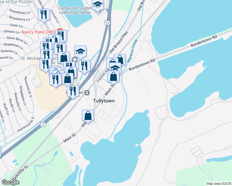 map of restaurants, bars, coffee shops, grocery stores, and more near 664 Spencer Drive in Tullytown