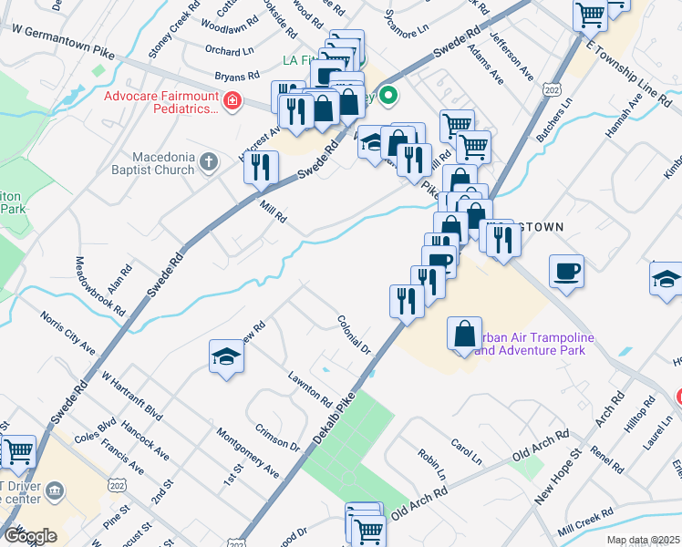 map of restaurants, bars, coffee shops, grocery stores, and more near 2617 Dekalb Pike in Norristown